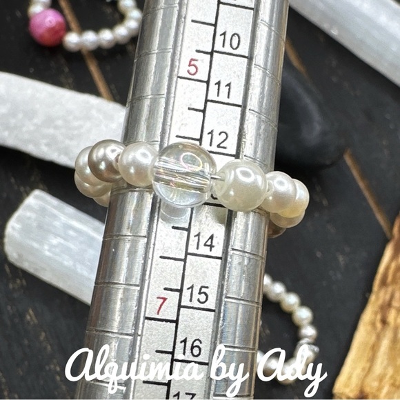 Gemstone and pearl beaded dainty handmade ring band boho - Picture 2 of 4